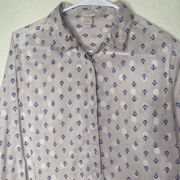 J. Crew Button-Up Shirt Womens Size S White Blue Cotton Anchor Print Long Sleeve - Picture 4 of 12